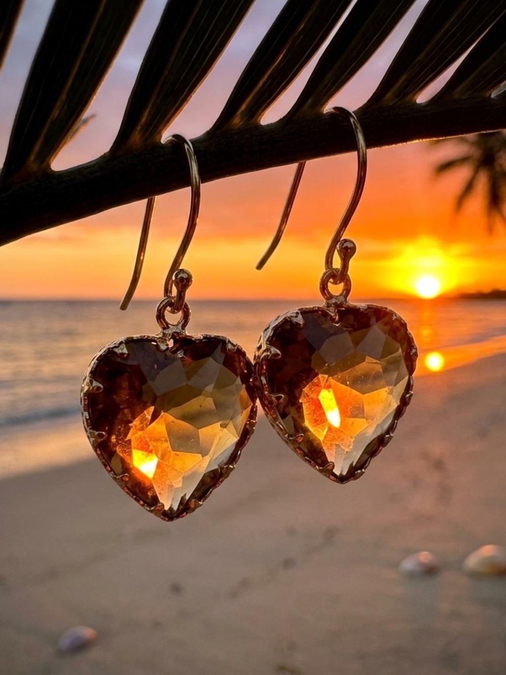 Artisan Heart-Shaped Amber Crystal Drop Earrings - Golden Color